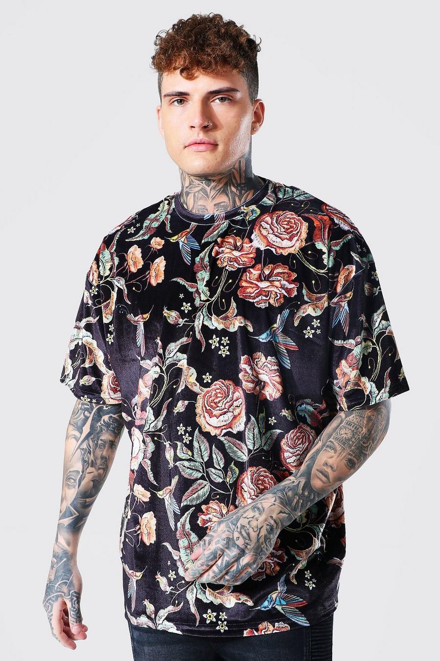 Black Oversized Floral Print Velour T-shirt image number 1