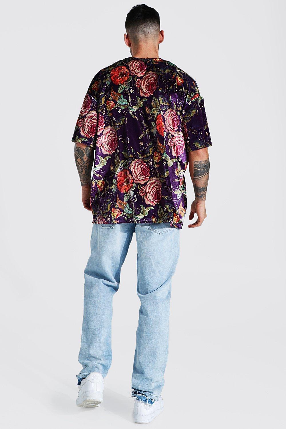 Oversized Floral Print Velour T shirt