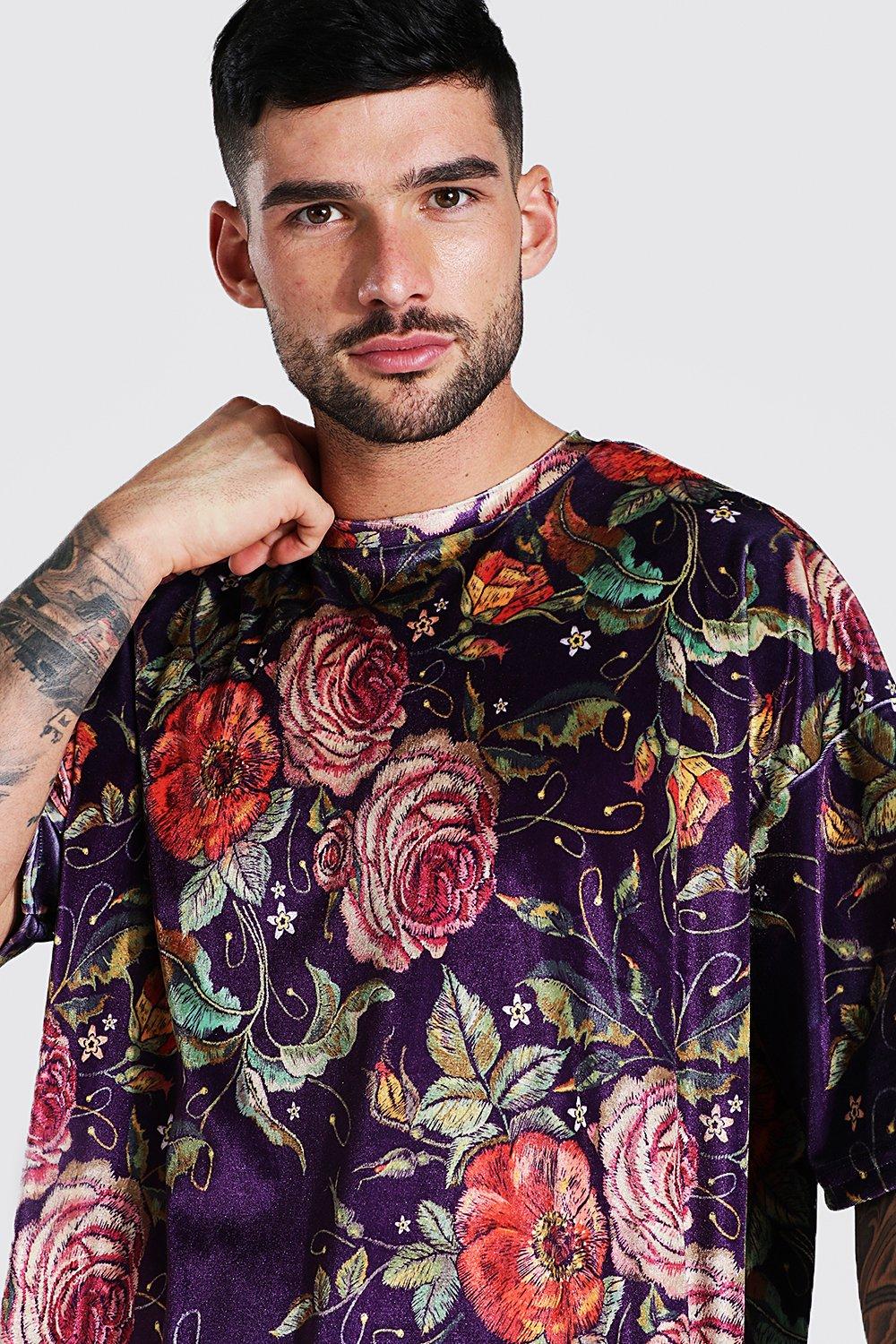 Oversized Floral Print Velour T shirt