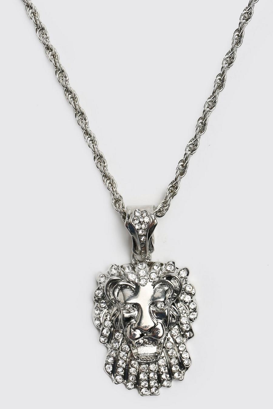 Silver Iced Lion Pendant Necklace image number 1