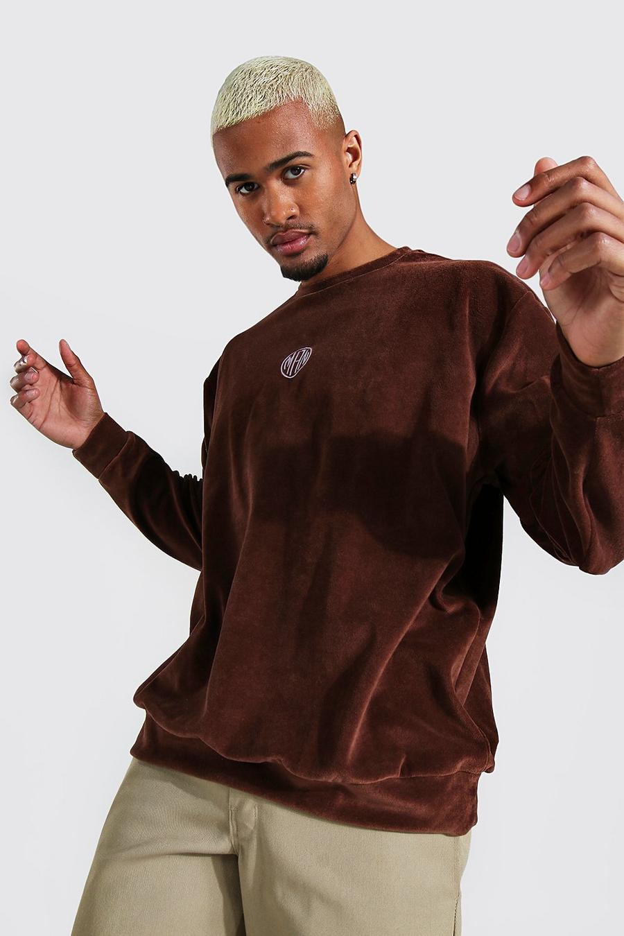 Oversize Man Velour Sweatshirt, Chocolate image number 1