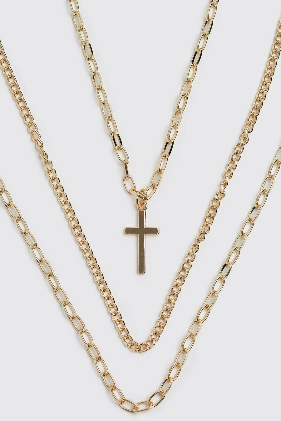Gold Triple Layer Chain With Cross And Dog Tag image number 1