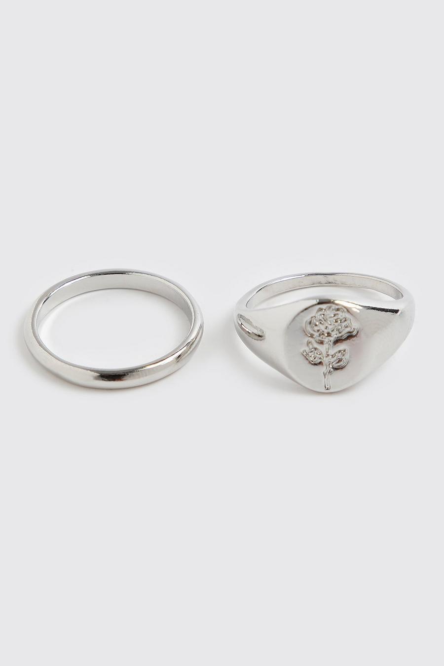 2 Pack Rose Signet Ring Set, Silver image number 1