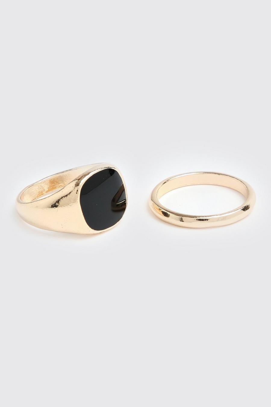 Pack de 2 anillos: básico y sello con piedra negra, Gold image number 1