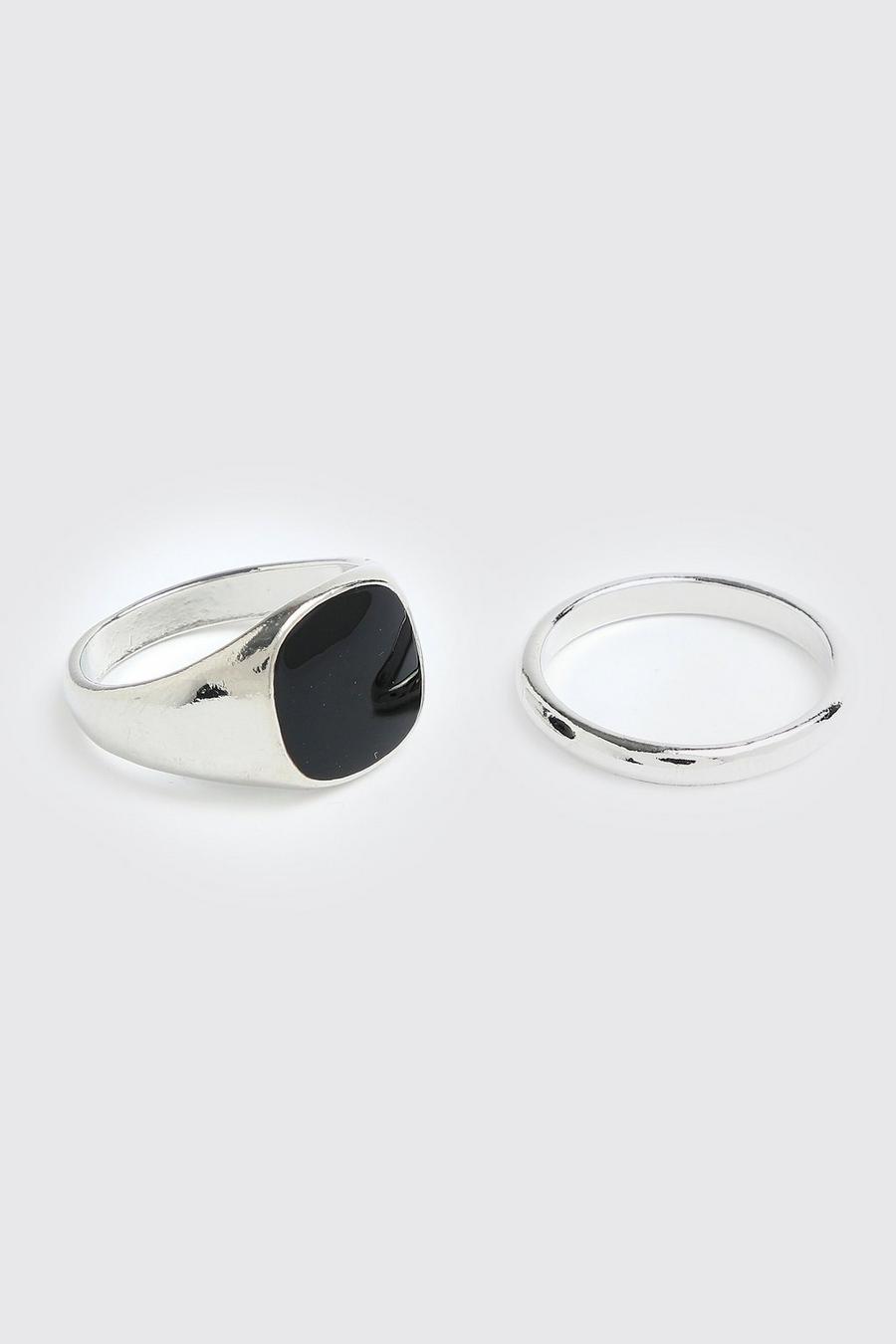 Pack de 2 anillos: básico y sello con piedra negra, Silver image number 1