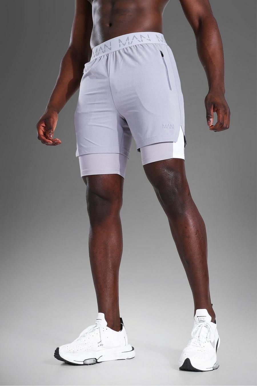 Man Active 2-in-1 Shorts mit Seitenstreifen, Light grey image number 1