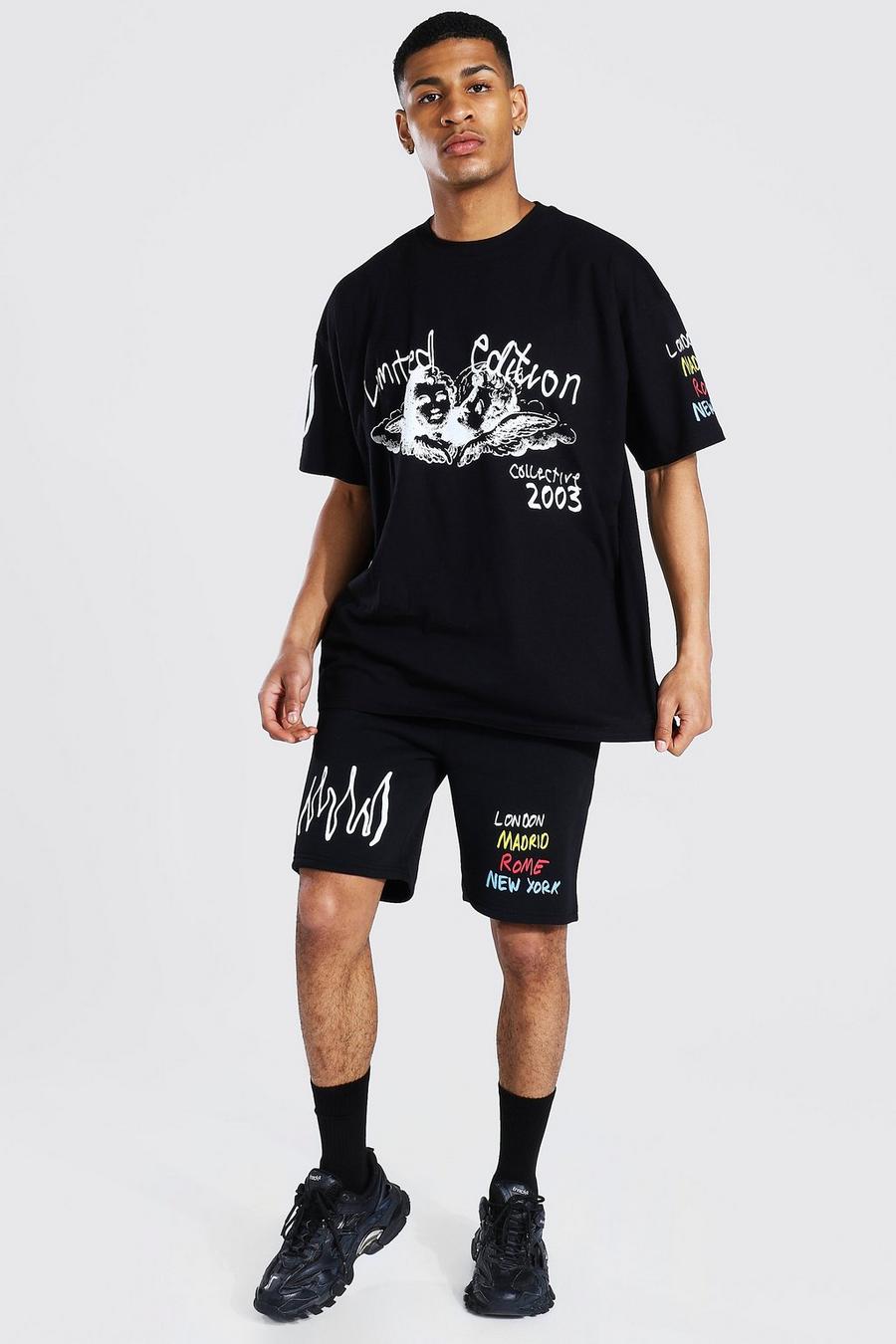 Black Oversized Cherub Graffiti T-shirt & Short Set image number 1