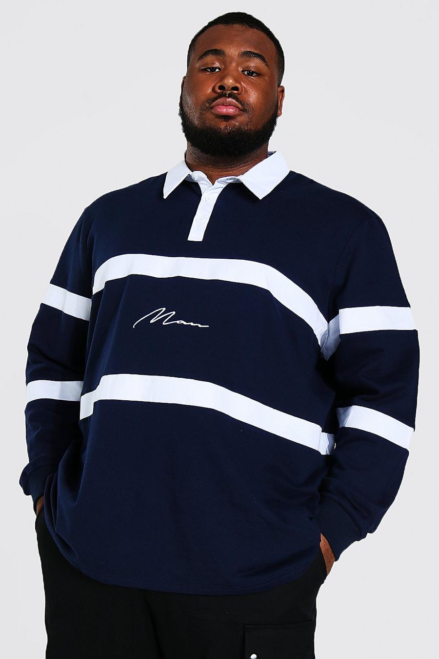 Navy Plus Size Man Script Colour Block Rugby Polo image number 1