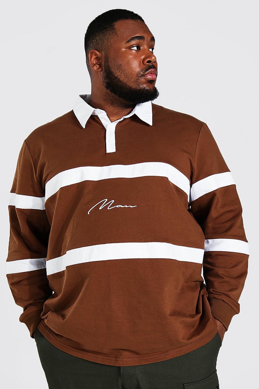Chocolate Plus Size Colour Block Man Rugby Polo image number 1
