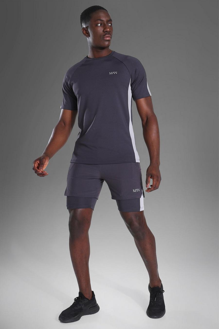 Man Active T-Shirt und Shorts mit Seitenstreifen, Charcoal image number 1