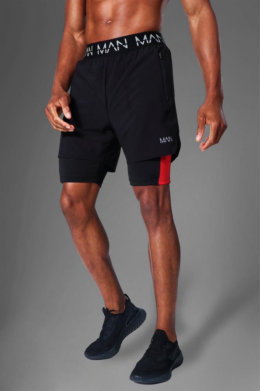 Pantaloncini Man Active 2 in 1 con striscia laterale, Black image number 1