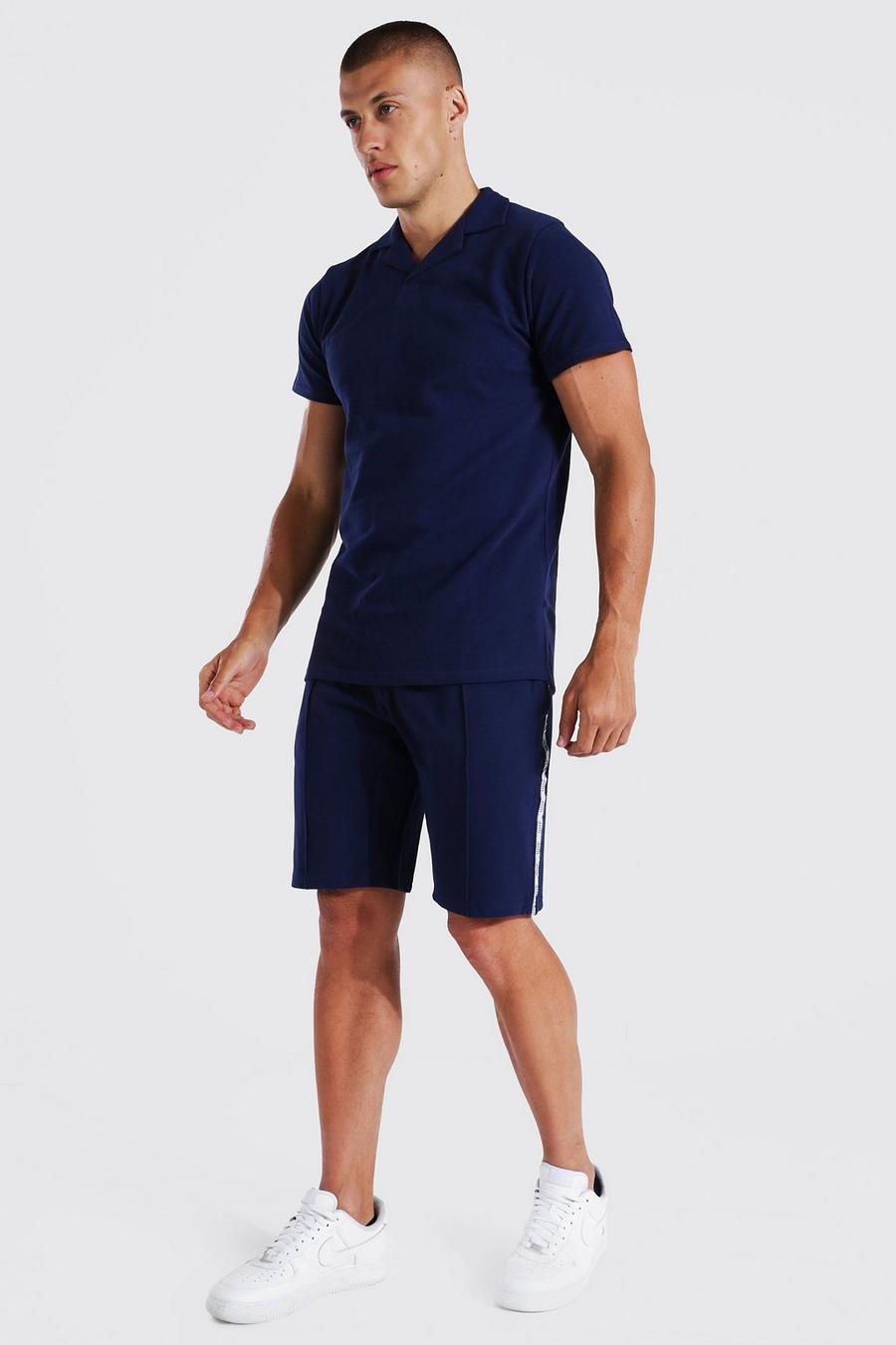 Navy Slim Fit Man Tape Pique Polo and Short Set image number 1