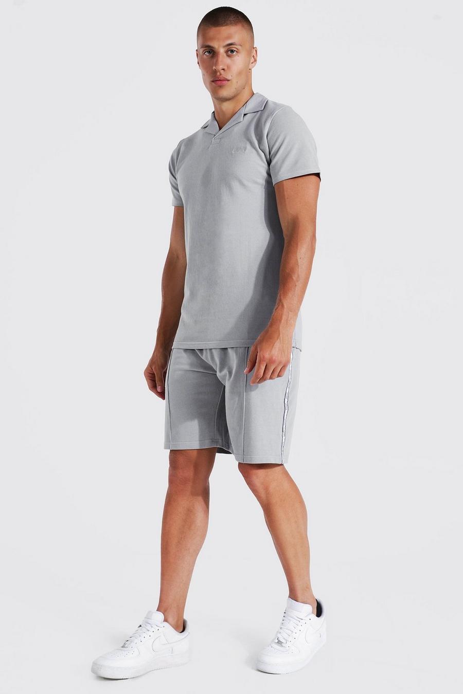Grey Slim Fit Man Tape Pique Polo and Short Set image number 1