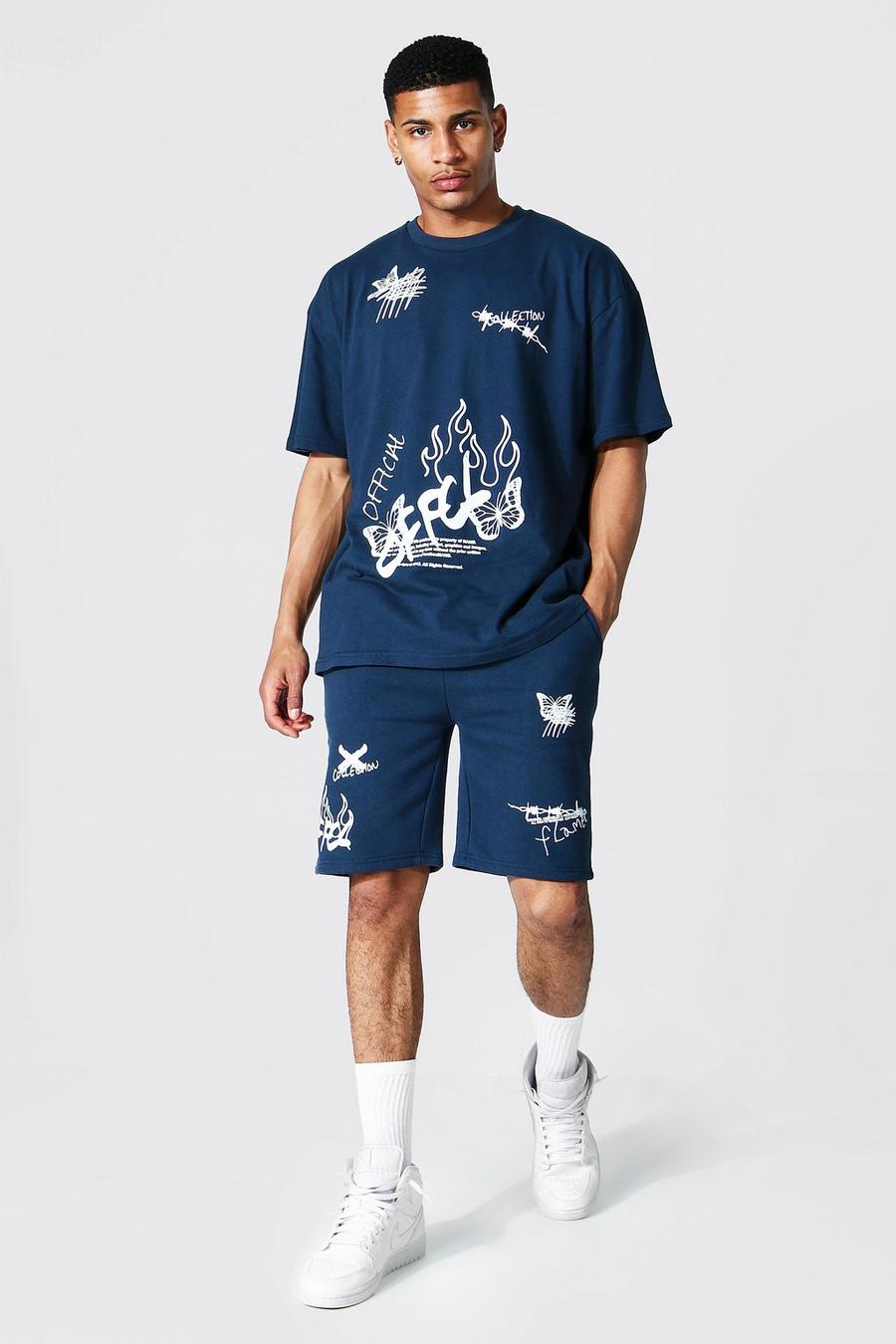 T-shirt oversize imprimé graffiti et short Offcl, Navy image number 1