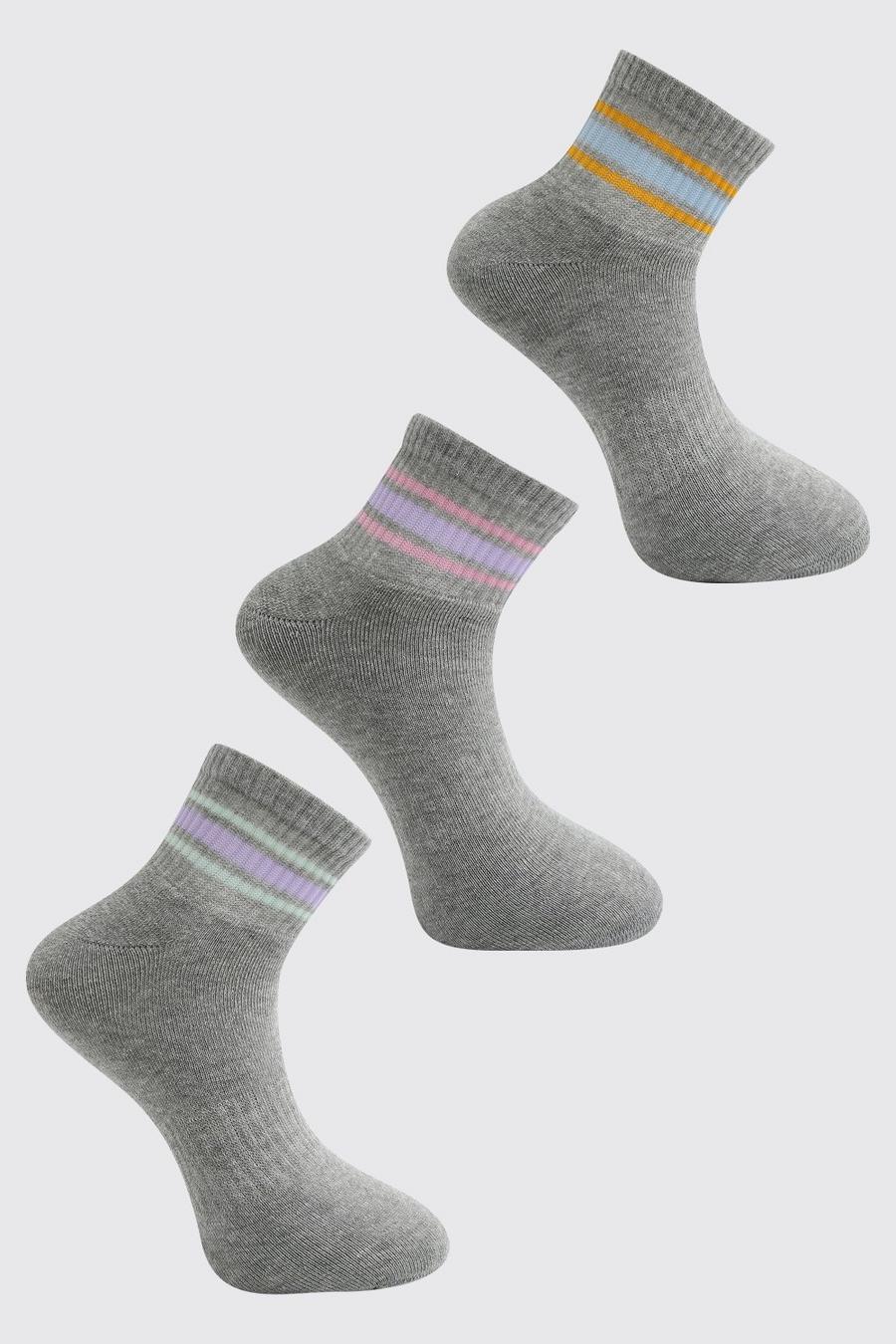 Grey 3 Pack Sports Stripe Ankle Sock image number 1