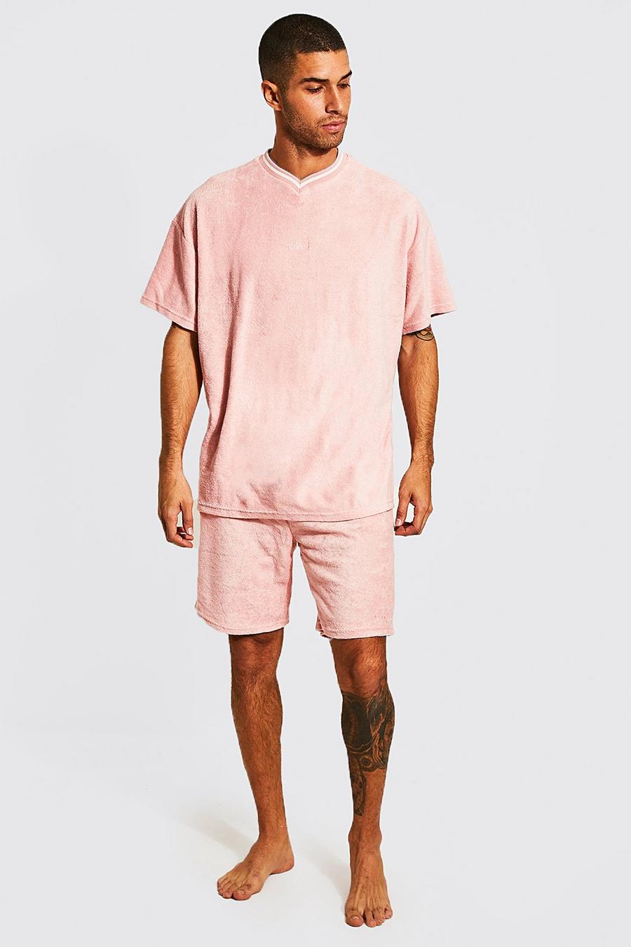 Pastel pink rosa Oversize ribbad t-shirt och shorts i frottétyg image number 1