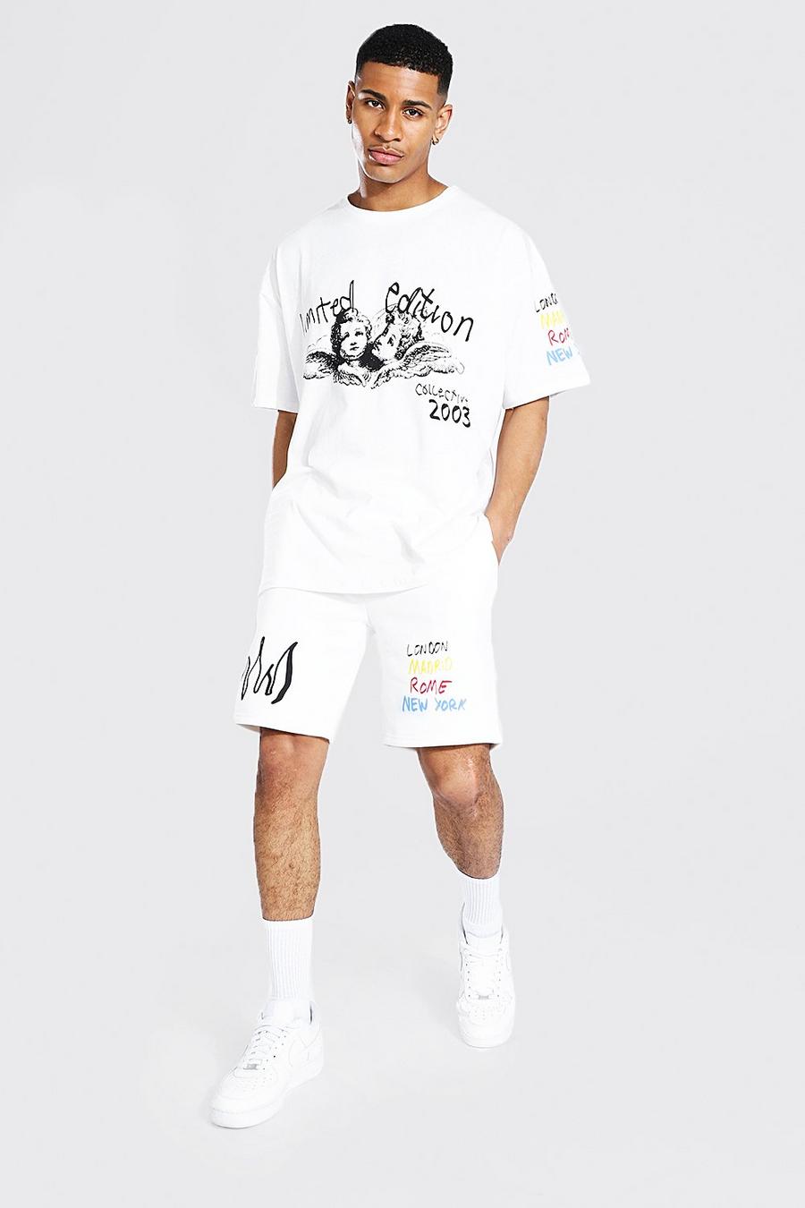 Oversize T-Shirt mit Totenkopf Grafitti & Shorts Set, Ecru image number 1