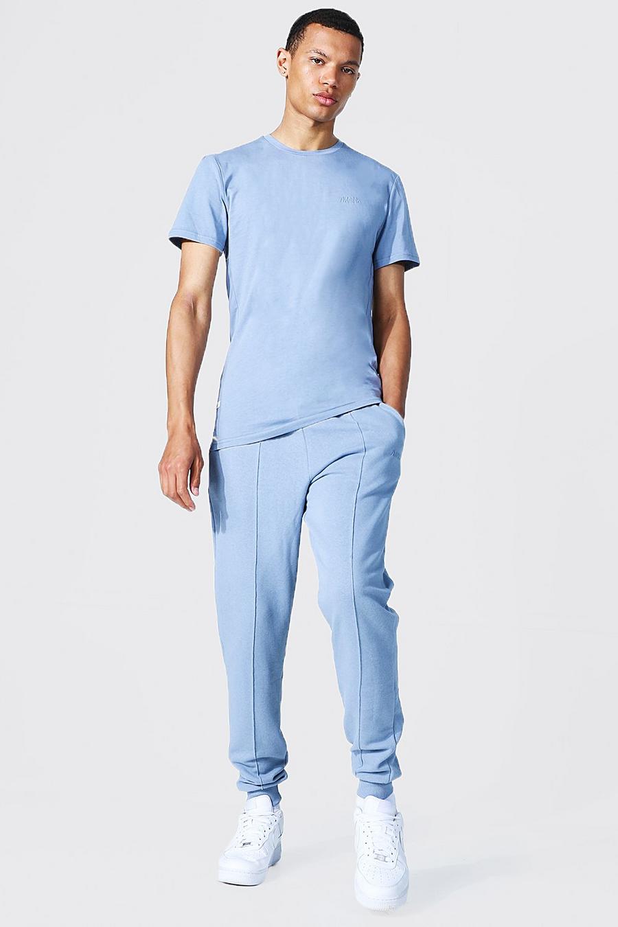 Dusty blue Tall Muscle Fit Jersey T-Shirt And Track Pant Set image number 1