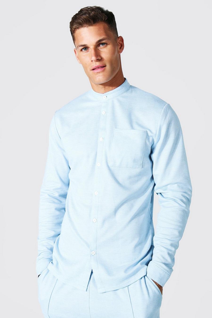כחול בהיר חולצת ג'קארד בגזרה צרה עם שרוולים ארוכים והדפס משבצות image number 1