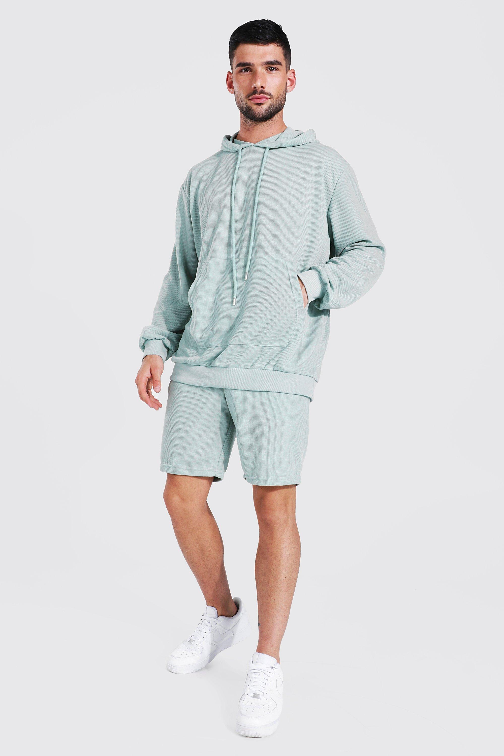 Men s Hoodie And Short Waffle Lounge Set boohoo