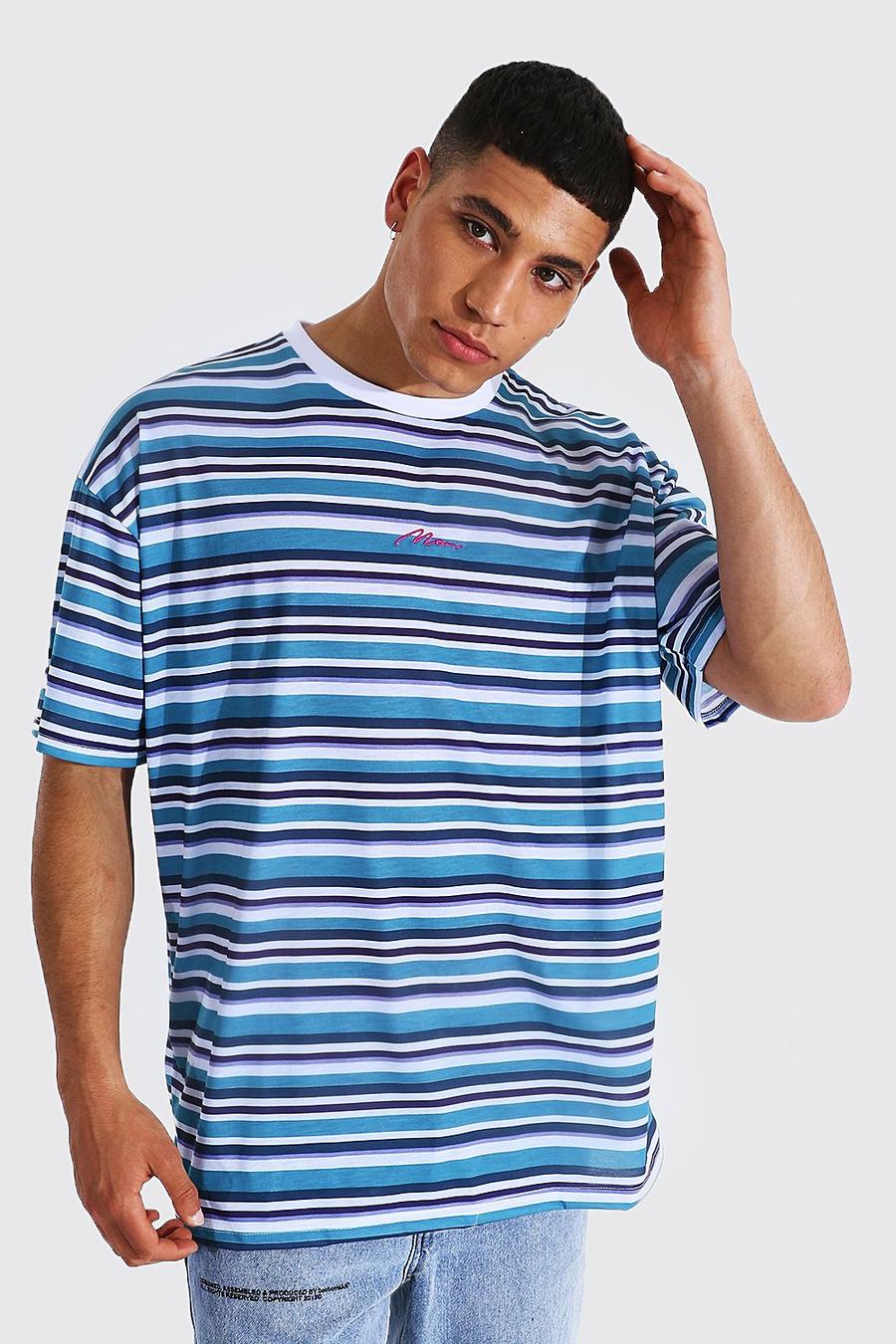 T-shirt oversize a righe con firma Man, Azzurro