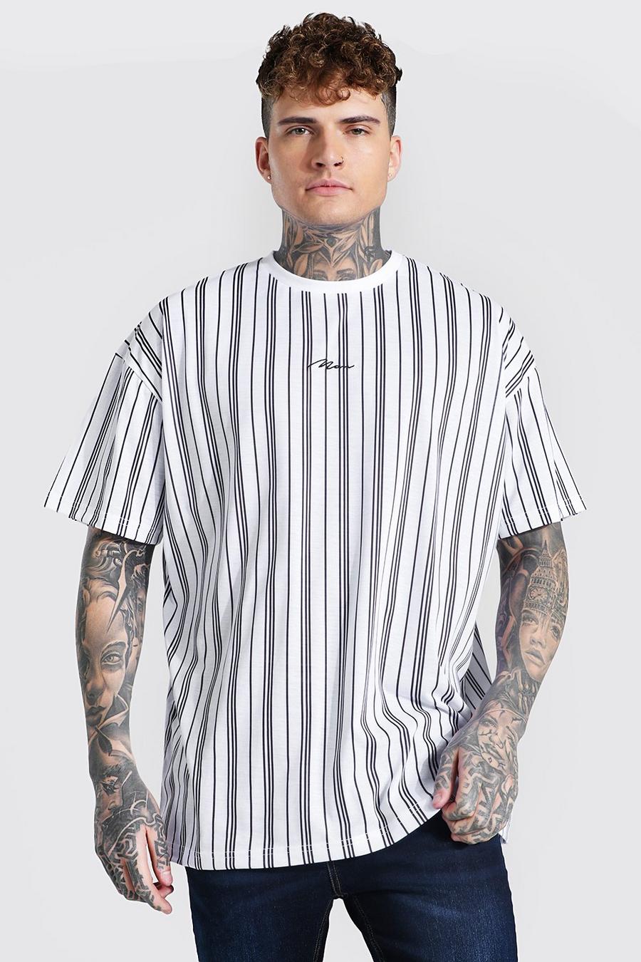 Ecru white Man Signature Oversize randig t-shirt image number 1