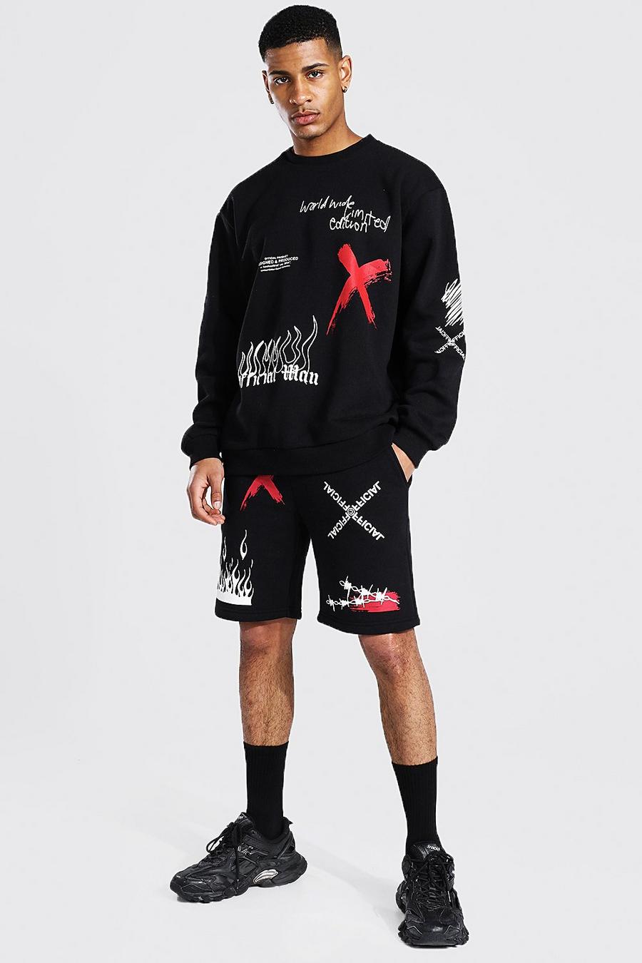Übergroßer Short-Trainingsanzug mit Sweatshirt mit Man-Graffiti, Schwarz image number 1