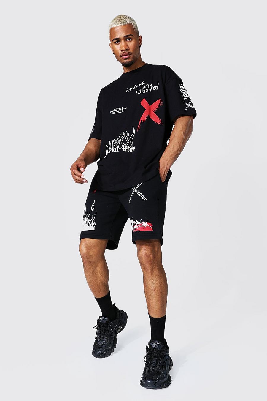 Conjunto de pantalones cortos y camiseta ancha con estampado de grafiti Man, Negro image number 1