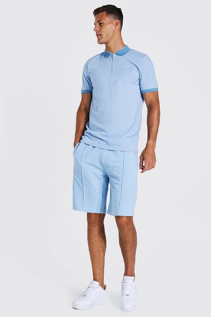 Dusty blue Tall Muscle Fit Polo And Pintuck Short Set image number 1