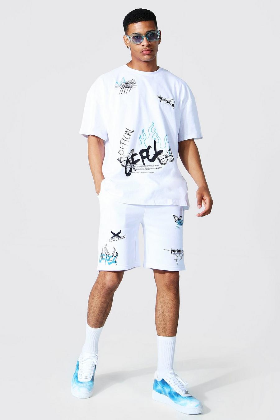 White Oversized Offcl Graffiti T-shirt & Short Set image number 1