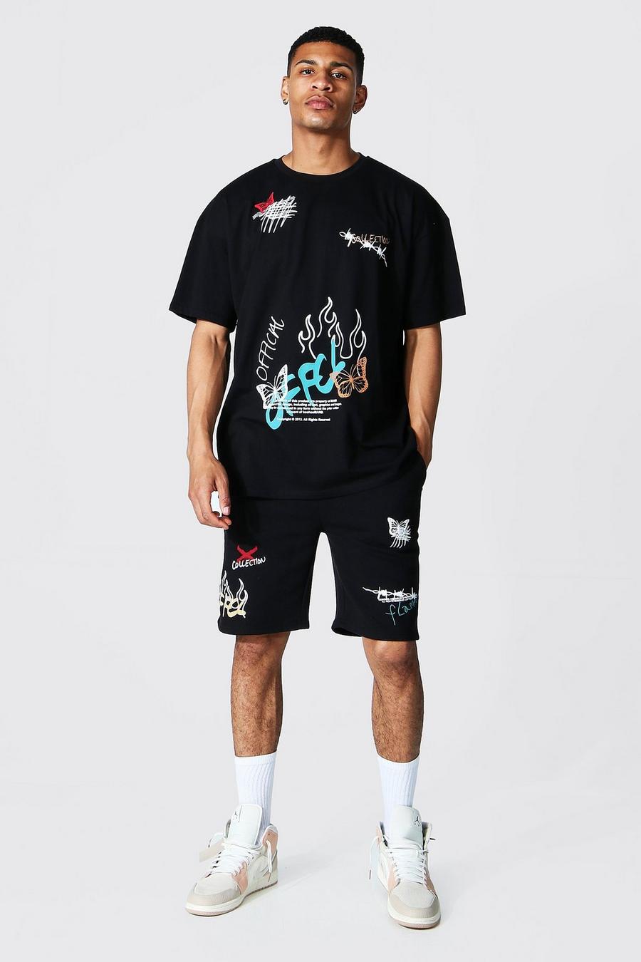 Black Oversized Offcl Graffiti T-shirt & Short Set image number 1