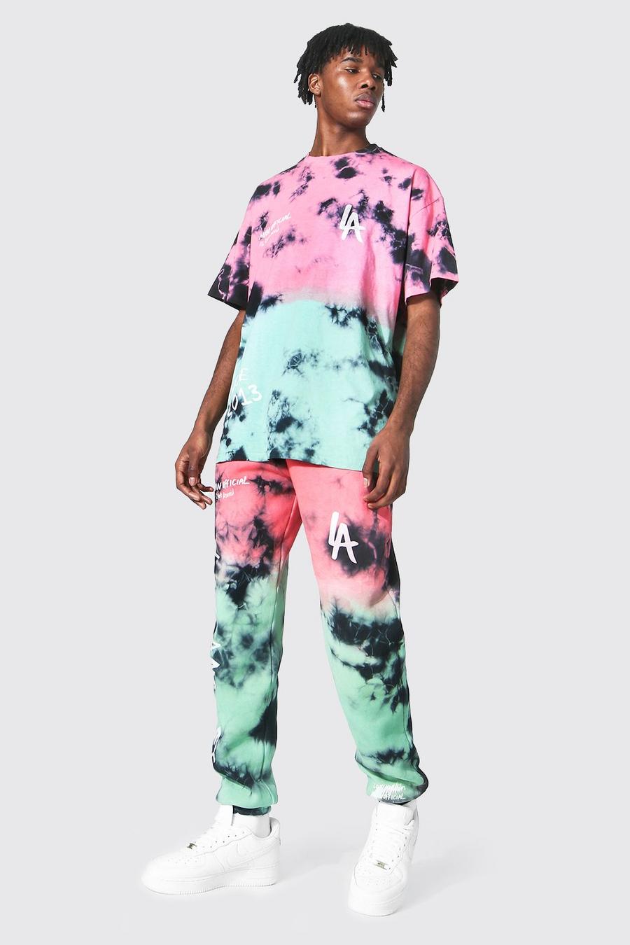 Set T-shirt & pantaloni tuta oversize in fantasia tie dye stile graffiti, Multi image number 1