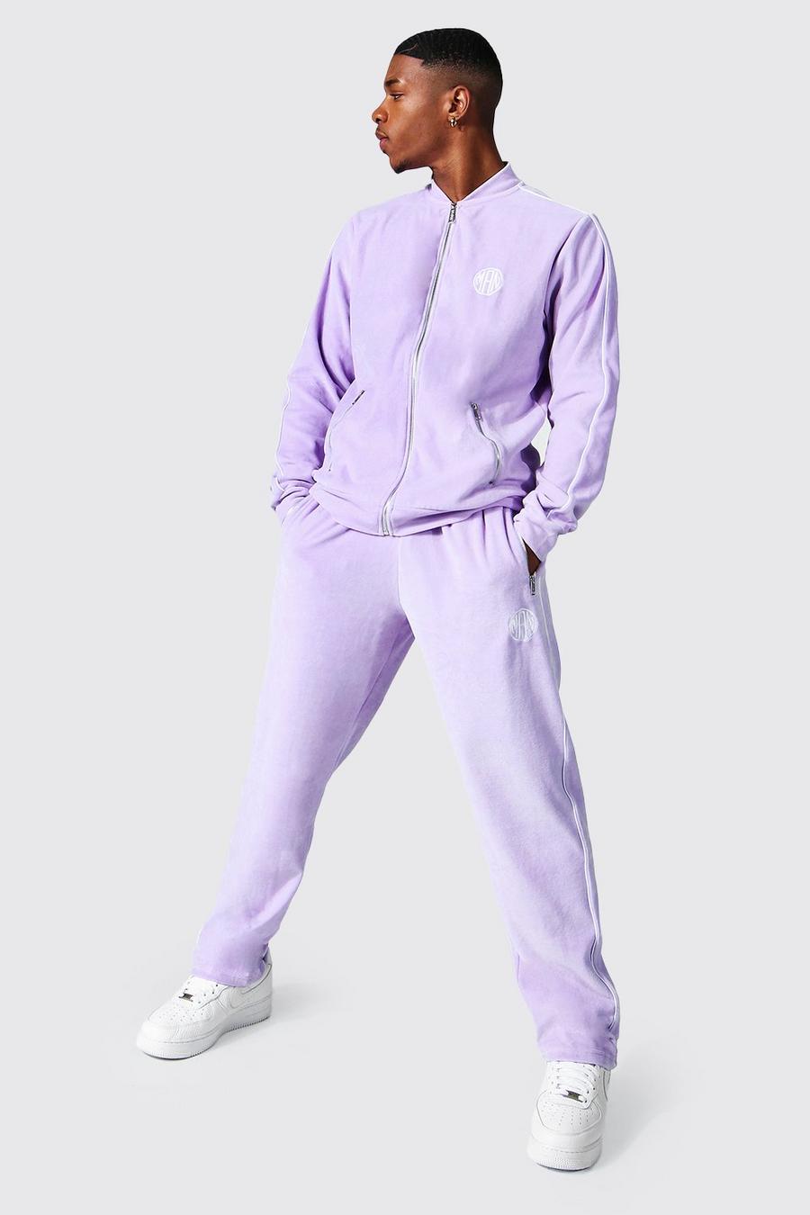 Lilac Man Velour Bomber Tracksuit With Piping image number 1