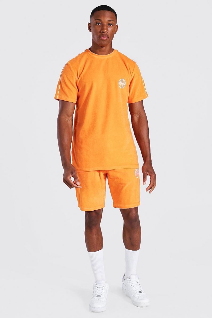 Orange Slim Man Velour Tee & Short Set With Piping image number 1