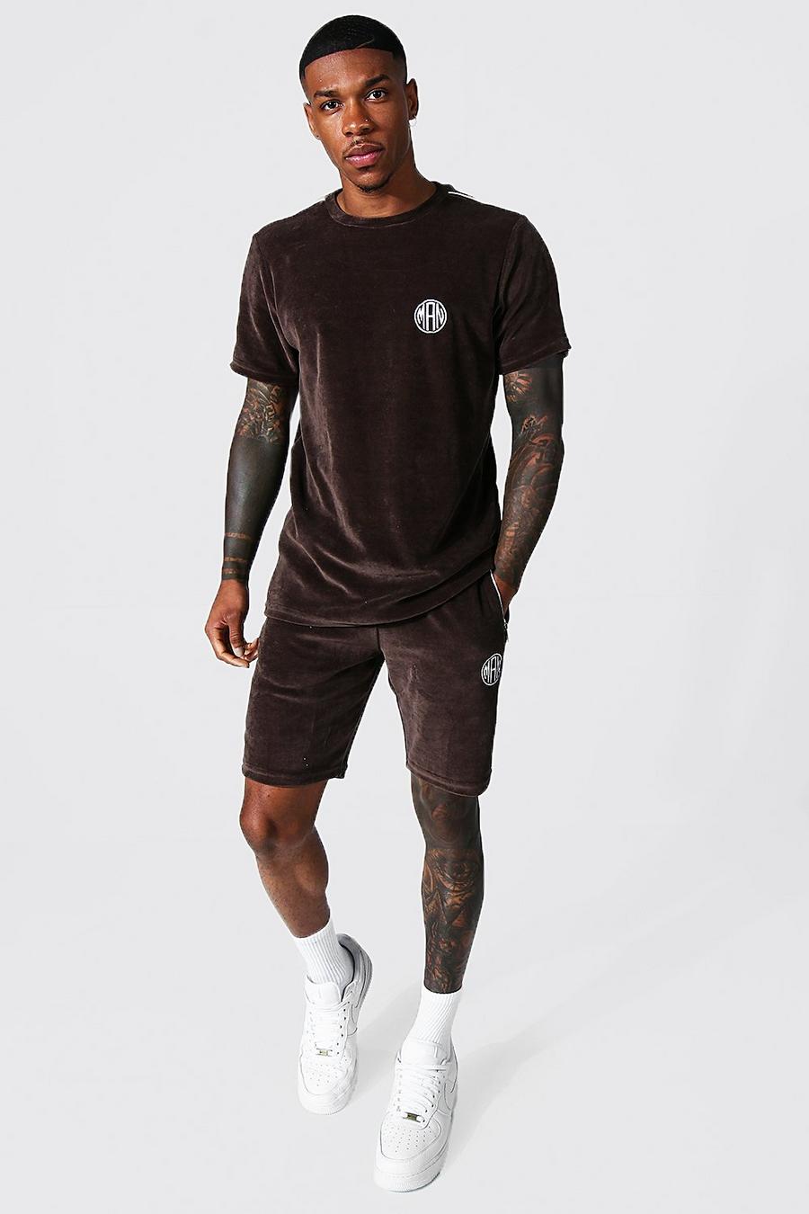 Chocolate Slim Man Velour Tee & Short Set With Piping image number 1
