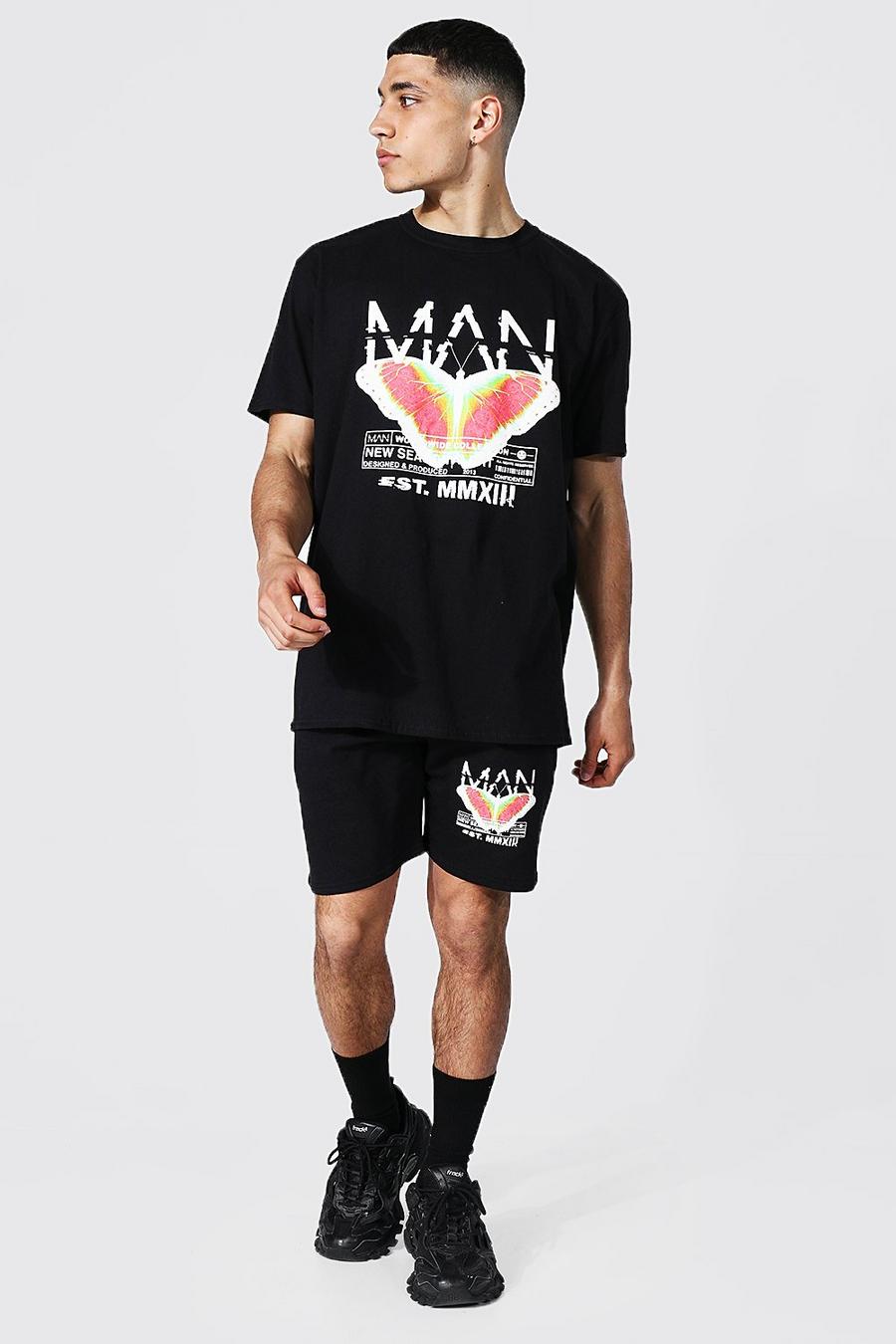 Übergroßes Set mit T-Shirt und Shorts mit Schmetterling-Print, Schwarz image number 1