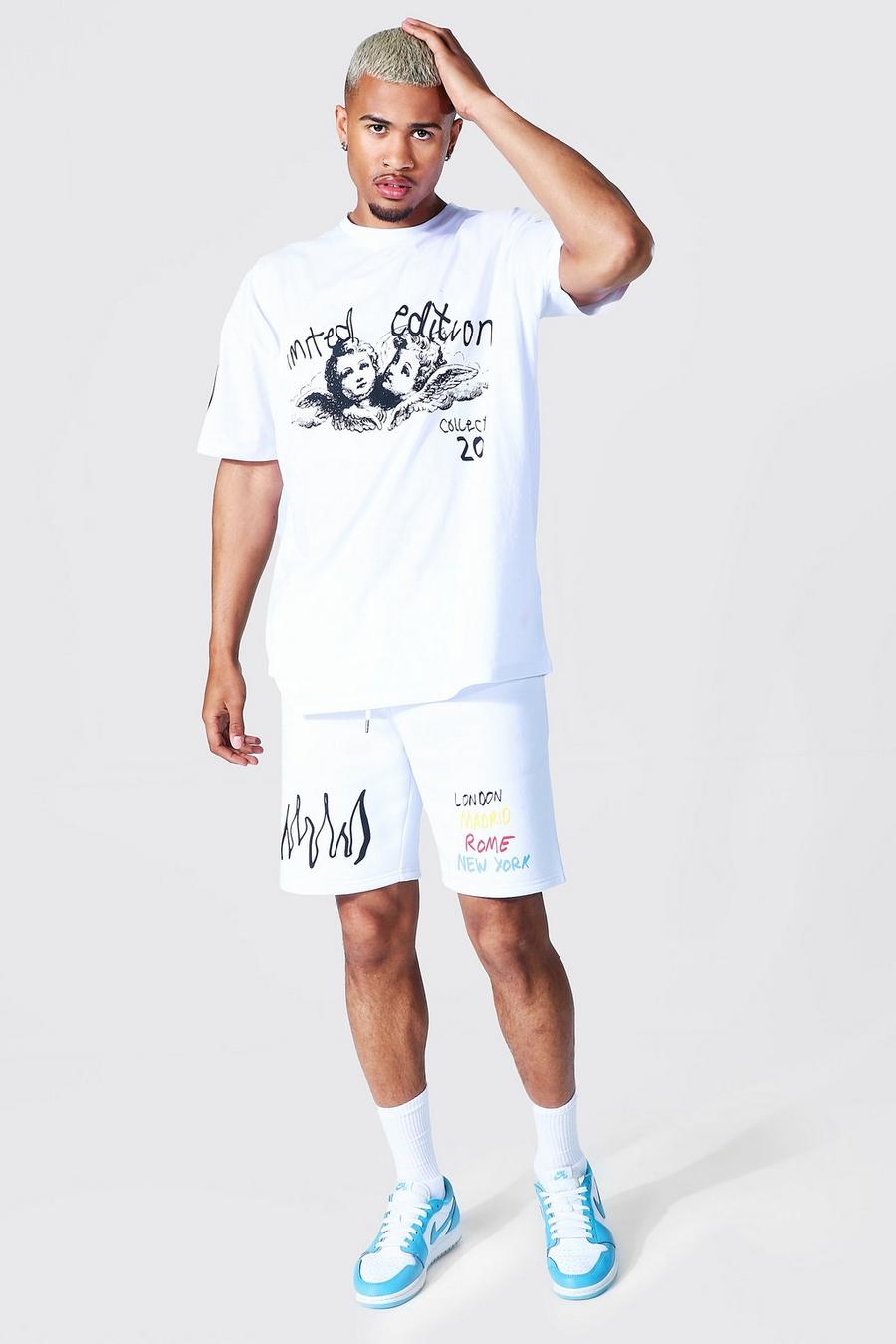 Conjunto de pantalones cortos y camiseta ancha con estampado de grafiti de querubines, Blanco image number 1
