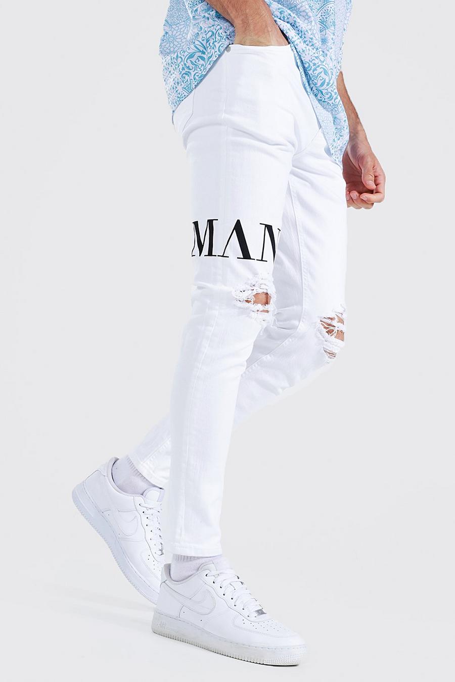 לבן סקיני ג'ינס סטרץ׳ בהדפס Man עם קרעים גדולים בברכיים  image number 1