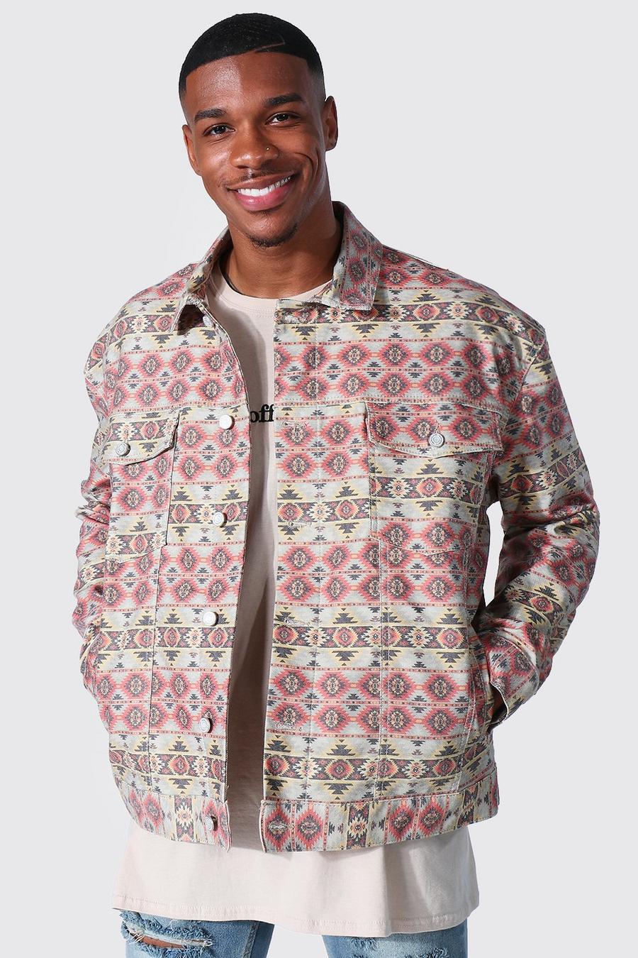 Brown Oversized Fit Abstract Printed Denim Jacket image number 1
