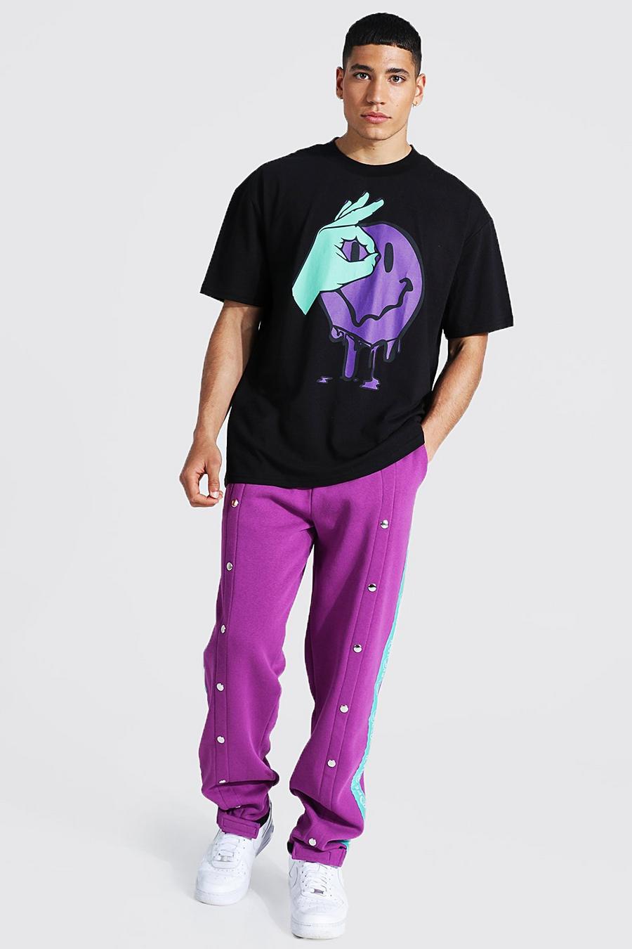 T-shirt oversize imprimé smiley et jogging à boutons pression, Purple image number 1