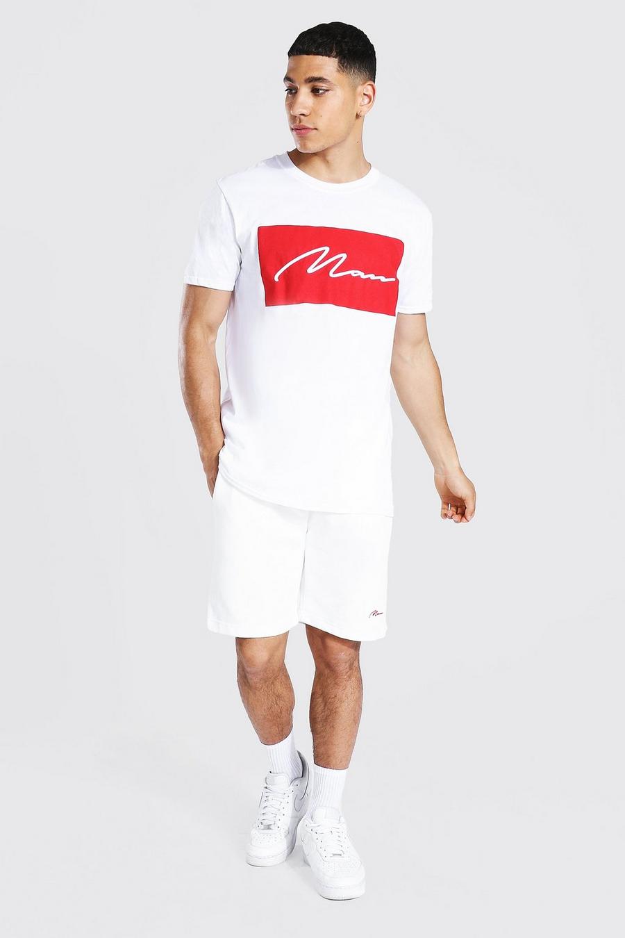 White MAN T-shirt och shorts med brodyr image number 1