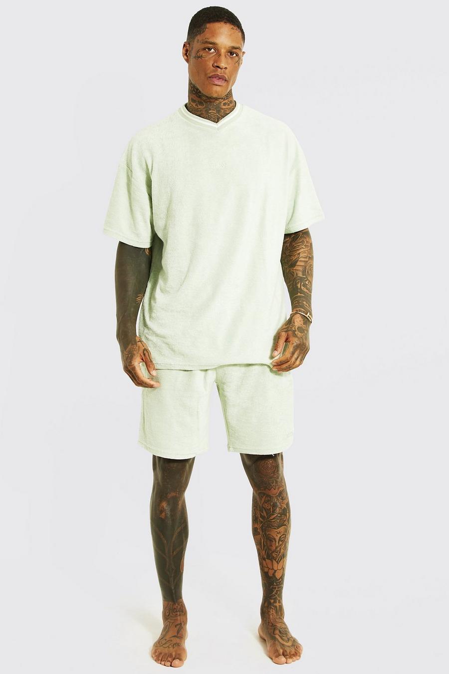 Green Oversized Ribbed Towelling Tee & Short Set image number 1