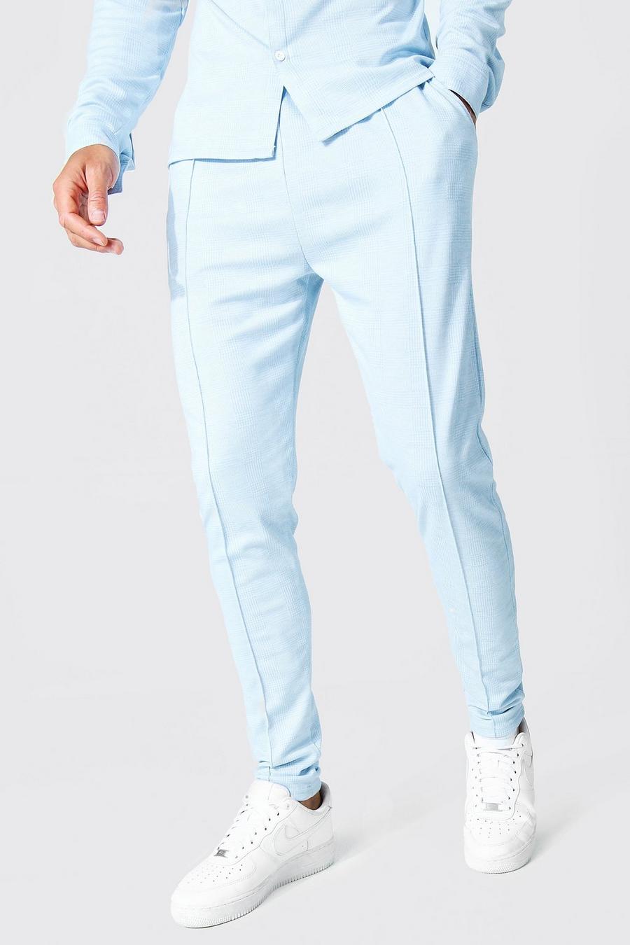כחול בהיר מכנסי סקיני ג'קארד עם הדפס משבצות וקפל לגברים גבוהים image number 1