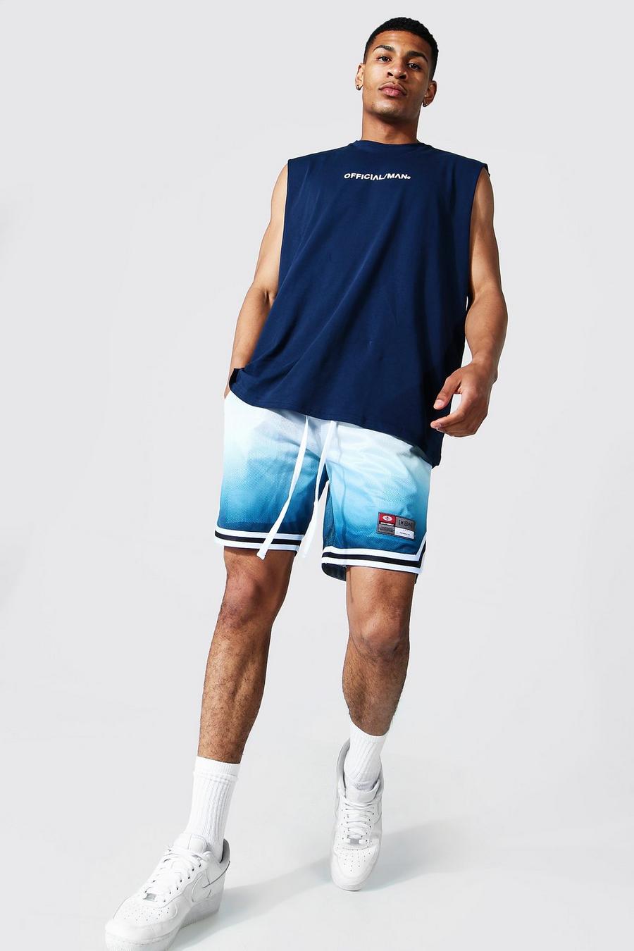 Navy MAN Oversize linne och shorts i mesh med ombréeffekt image number 1
