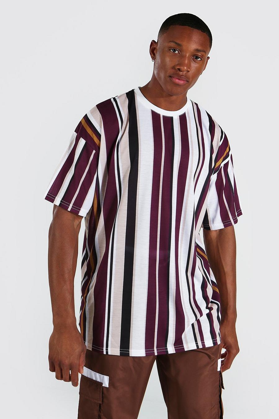 Camiseta de cuello redondo a rayas verticales ancha, Multicolor image number 1