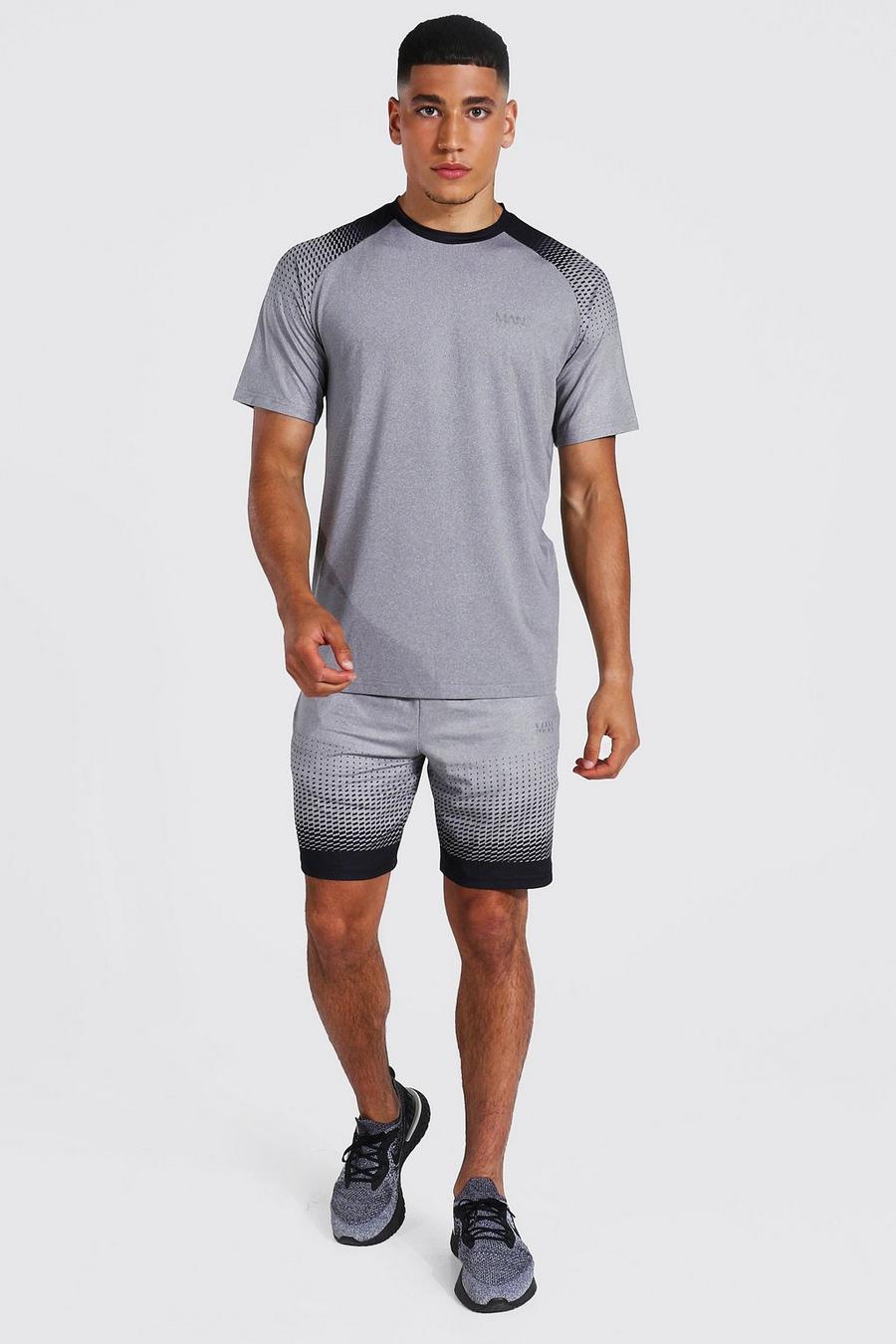 Set man Active T-shirt con maniche Raglan & pantaloncini sfumati, Grey marl image number 1