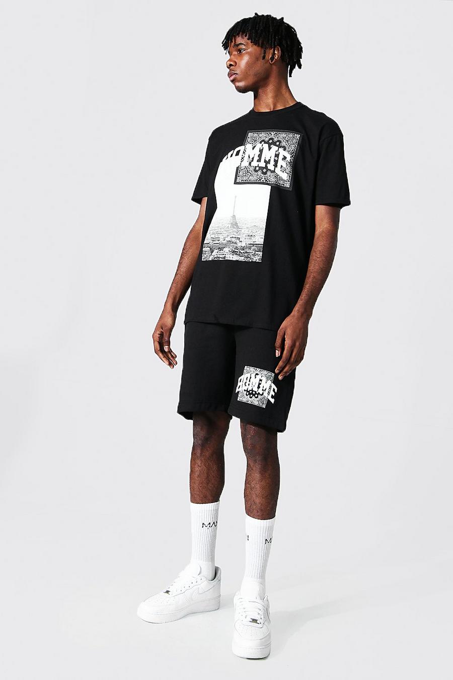 Black Oversized Homme Graphic T-Shirt And Short Set image number 1