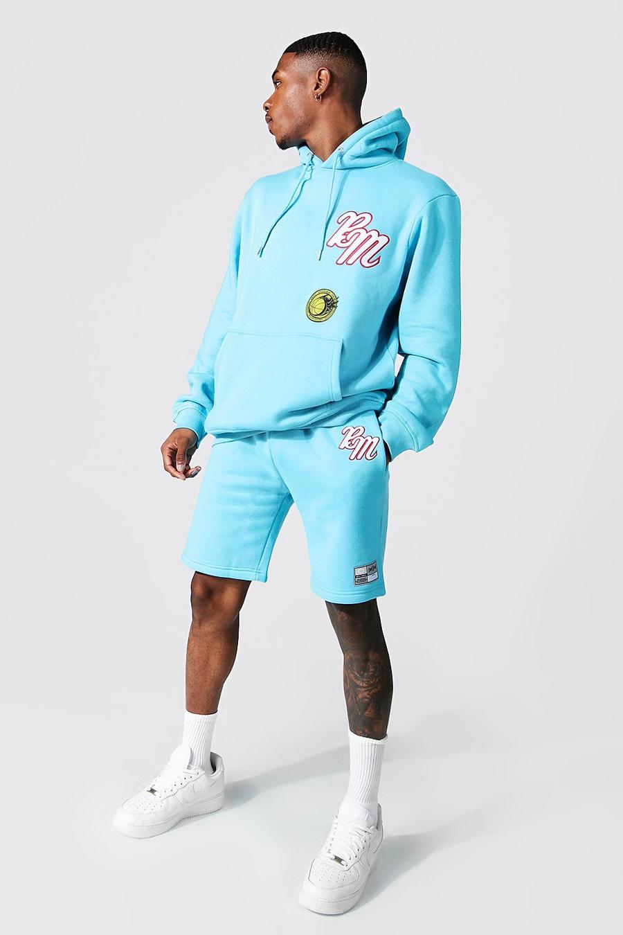 כחול חליפת טרנינג שורט עם קפוצ'ון ואפליקציה בסגנון נבחרת ספורט image number 1