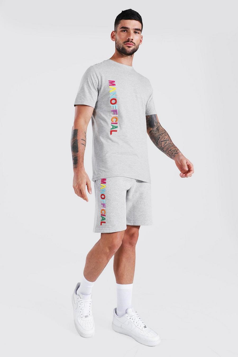 Slim Man T-Shirt und Shorts mit Regenbogen-Stickerei, Grey marl image number 1