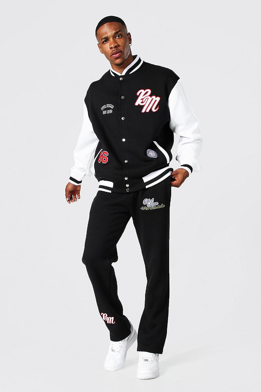 שחור חליפת טרנינג אוברסייז עם בומבר עם אפליקציה בסגנון נבחרת ספורט image number 1